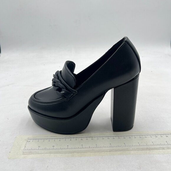 FOWT Black Platform Round Toe Pumps Chain Chunky High Heel Loafers Slip on Shoes - Picture 2 of 8